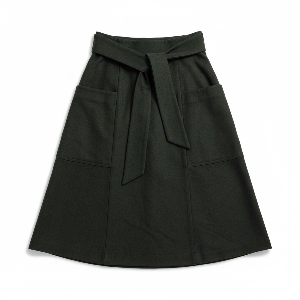 Monoprix Femme Wool Blend A-Line Midi Skirt‎ Olive Green Belt Pocket Size 42 NEW